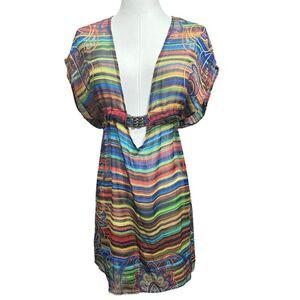 Becca by Rebecca Virtue Chiffon Tunic Swim Cover Up Tie Back BOHO Colorful XS/S